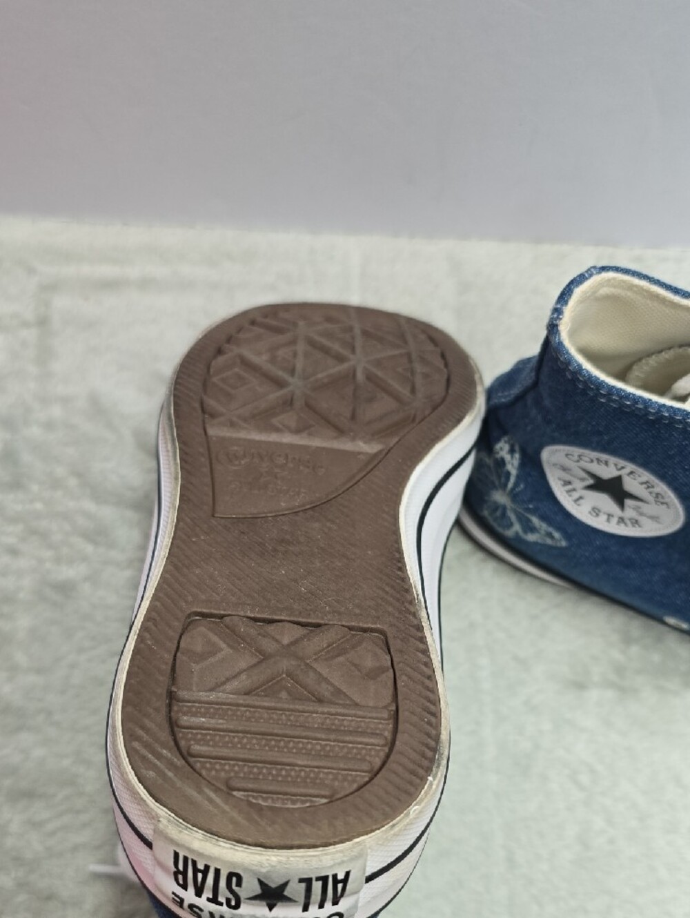 Converse High Top Sneakers in Blue Denim with White Butterfly Accents - Picture 3 of 7